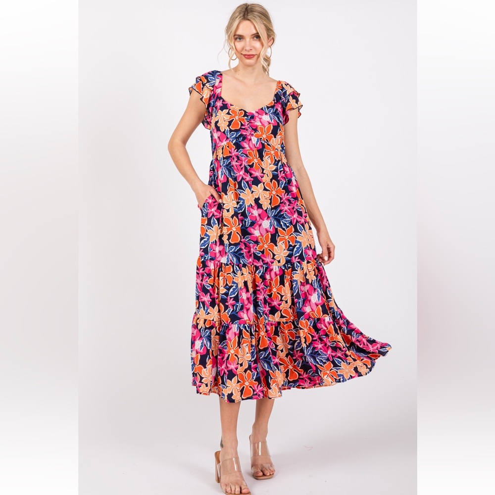 37 Fabulous Floral Printed Tiered Flutter Sleeve Dress